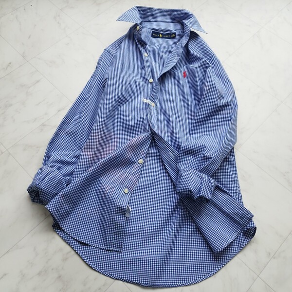 訳あり RALPH LAUREN ラルフローレン ボタンダウン ギンガムチェック 長袖シャツ 青白 ホース刺繍 赤ポニー レディースL