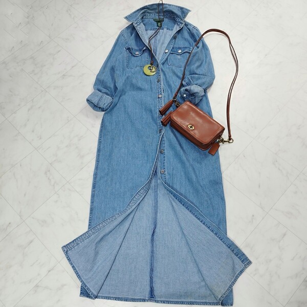 LAUREN RALPH LAUREN ローレンラルフローレン デニム シャツワンピース ロゴ刺繍 羽織り 古着 ゆったり ロング丈 ヴィンテージ L