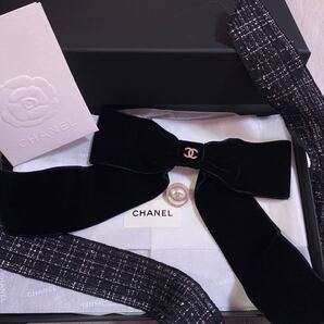 シャネル CHANEL 百貨店購入 リボン バレッタ ブラック 黒 ベロア スエード ヘアアクセサリー クリスマス ツイード パール チャーム