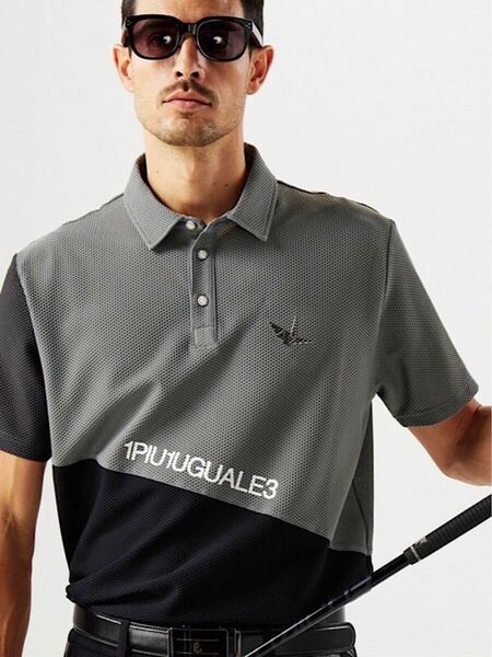 美品即決★1PIU1UGUALE3 GOLF定4万24SSダイアゴナルスイッチ半袖ポロシャツ黒Ⅳ