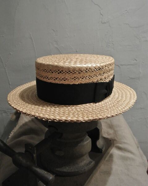 40s Vintage Mallory boater hat 1/2 60cm ヴィンテージ マロリー ボーターハット カンカン帽 ステットソン ストローハット 夏 黒 麦わら
