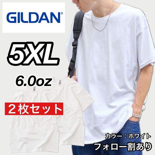 新品未使用 GILDAN ギルダン 6oz ウルトラコットン クルーネック 無地 半袖Tシャツ 白2枚セット 5XLサイズ ユニセックス ビッグサイズ