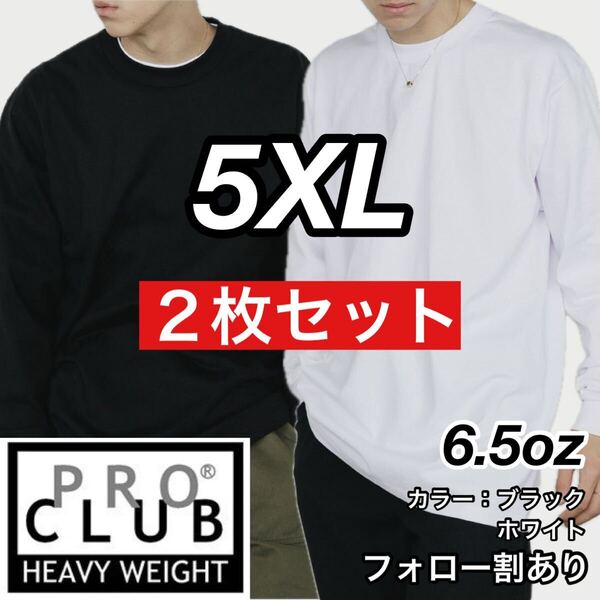 PROCLUB プロクラブ 新品未使用 6.5oz ヘビーウエイト 厚手 長袖Tシャツ ロンT 白ホワイト 黒ブラック 5XLサイズ 2枚セット ビッグサイズ