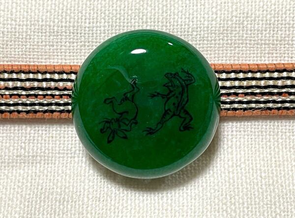 NO.2045 帯留め 天然石 鳥獣戯画 リメイク品(帯留 帯飾り 和装小物 )ハンドメイド品