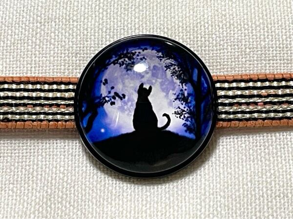 NO.1849 帯留め 三分紐用 ガラス製 猫 黒猫 リメイク品(帯留 帯飾り 和装小物)ハンドメイド品