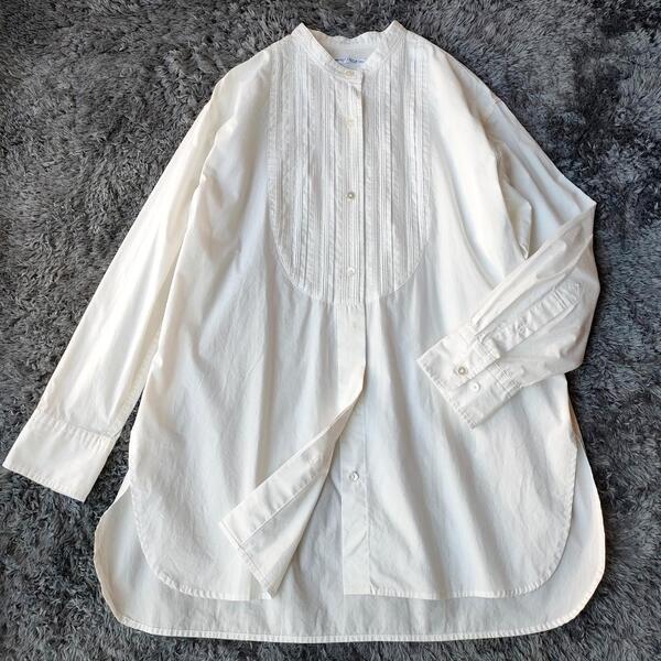 BY ユナイテッドアローズ コットン ピンタック バンドカラー シャツ 白 近年モデル 2022 ビッグシルエット BEAUTY&YOUTH UNITED ARROWS