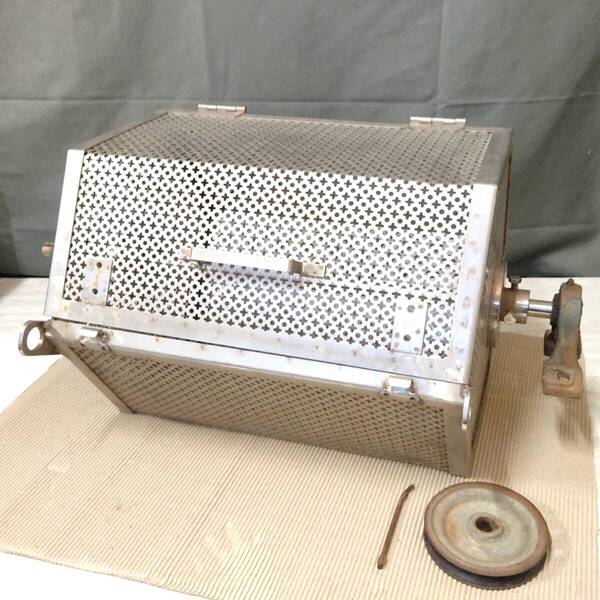 送料無料 ステンレス 45cm×35cm×30cm 芋洗い 焙煎 回転式 プーリー ベルト回転 手回し 水流 中古 アウトドア キャンプ 厨房 動作確認済み