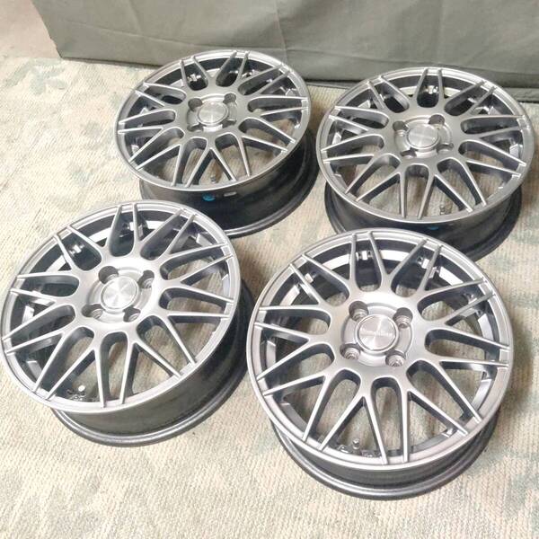 送料無料 4本セット Humanline 15×5.5J PCD100 4穴/4H 43 ハブ65 15インチ 中古 社外 アルミホイール アクア/フィット/ヴィッツ/他 引取可