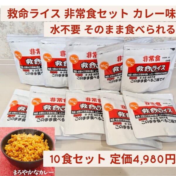 新品 定価4,980円 カレー味 10食セット 救命ライス 非常食セット 水不要 そのまま食べられる ご飯 保存食品 長期保存 備蓄食料 災害用 防災