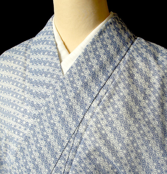 ■7797■ L寸 夏着物 絽 洗える小紋 白地に麻の葉柄 バチ衿 美品