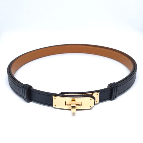 極美品 2024 W刻印 箱 HERMES エルメス ケリー ベルト 18 ブラック イエロー ゴールド金具 革 レザー レディース 黒