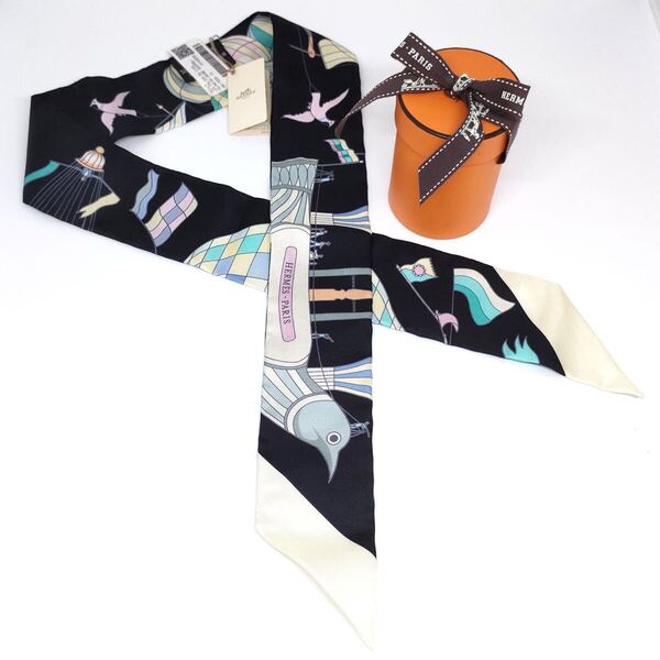 タグあり HERMES エルメス シルク ツイリー スカーフ Les Folies Du Ciel 大空の狂気 ブラック ノワール リボンスカーフ