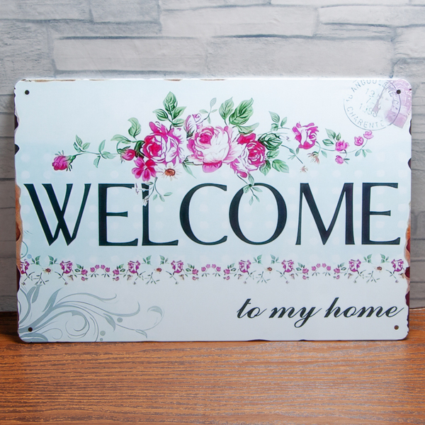 ブリキ看板 Welcome ウエルカムボード 20㎝×30㎝ 薔薇模様 新品 未使用品
