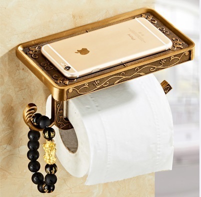 トイレットペーパーホルダー アンテーク彫刻調ブロンズ色 スペアホルダー フック付き 新品 未使用品