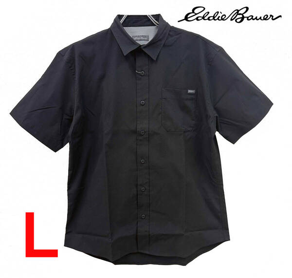 新品 L ★ Eddie Bauer エディーバウアー メンズ 半袖 ストレッチ シャツ ブラック コストコ ポケット ロゴ 無地 ワークシャツ オフィス 黒