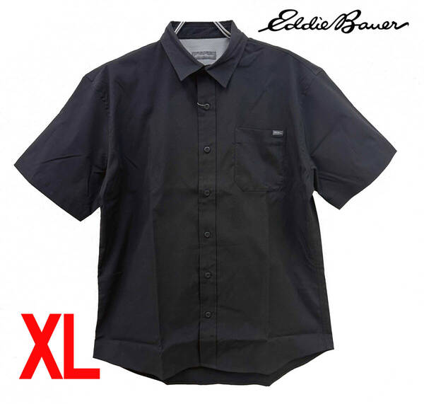 新品 XL ★ Eddie Bauer エディーバウアー メンズ 半袖 ストレッチ シャツ ブラック コストコ ポケット ロゴ 無地 ワークシャツ オフィス