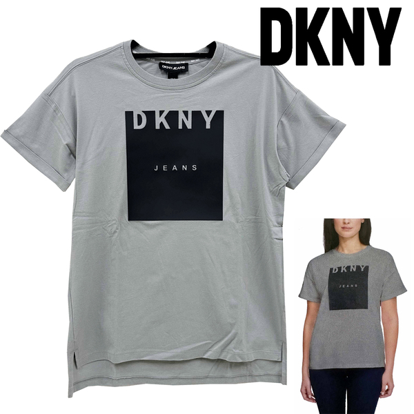新品 M ★ DKNY JEANS レディース 半袖 Tシャツ グレー ブラック ラバーロゴ US-S 3D ロゴ 大きめ ディーケーエヌワイ ダナキャラン 綿