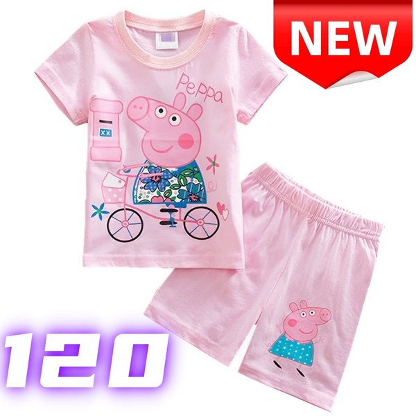 【新品】ペッパピッグ パジャマ 上下セット 子供服 女の子 半袖 Tシャツ ショートパンツ キッズ 部屋着 120 自転車柄 ピンク 綿100%