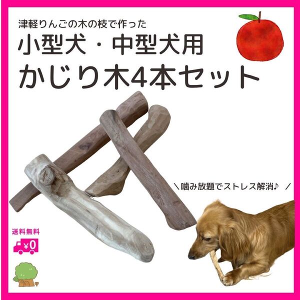 かじり木 4本セット 犬 噛む 小動物 りんごの木 小型犬 中型犬 ストレス解消 おもちゃ 甘噛み デンタルケア 破壊 天然