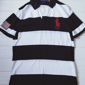Polo Ralph Lauren*ポロ ラルフローレン*ワイドボーダー半袖ポロシャツ*メンズL*ラガーシャツ*星条旗*ビッグポニー*紺×白