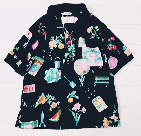 LEONARD SPORT*レオナールスポーツ*半袖ポロシャツ*黒*花柄*フルーツ柄*可愛い*マルチカラー*美品*文字入り