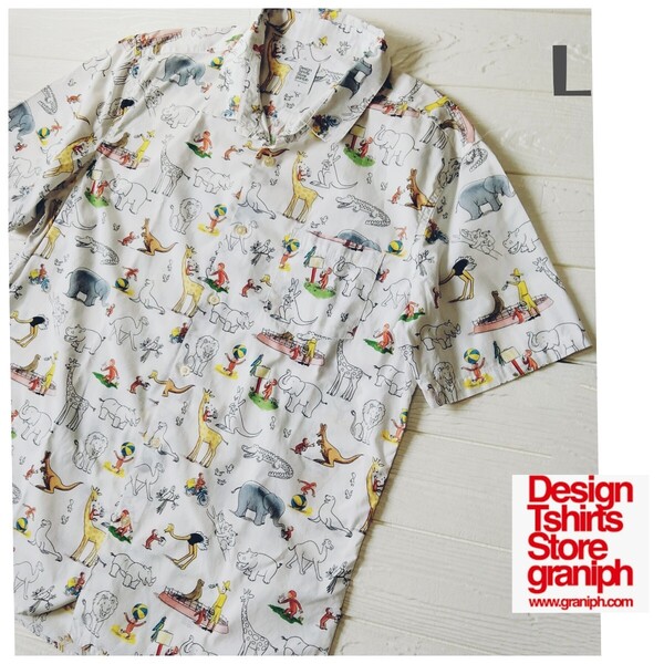 Design Tshirts Store graniph*おさるのジョージ*グラニフ*半袖シャツ*メンズLサイズ*綿*動物*アニマル柄*イラスト