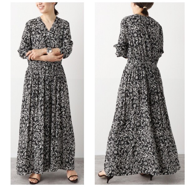 Plage rustic flower ギャザーワンピース*プラージュ*マキシ丈*花柄総柄ワンピース*長袖*ロング丈*サイズ38*Vネック*ボタン*日本製*