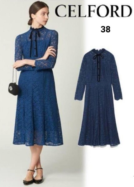 CELFORD セルフォード*総レースワンピース*ボウタイリボン*結婚式*サイズ38*ネイビー*紺*オケージョンドレス*パーティー