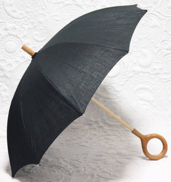 新品【晴雨兼用 長傘】綿100% 〇型持ち手 木製 雨傘 日傘 日本製 黒 v6737