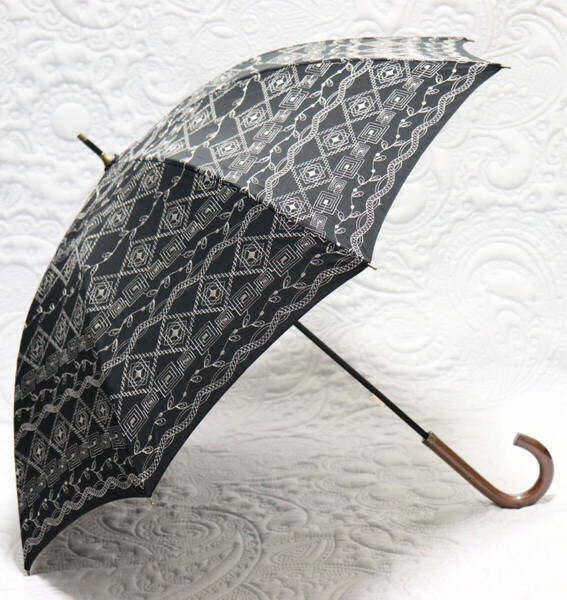 新品【長傘 晴雨兼用】シルバー糸刺繍 全体豪華古典和柄 雨傘 日傘 黒 v4967