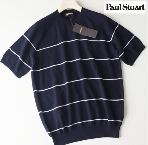 24,200円新品タグ付き【Paul Stuart ポール・スチュアート】鹿の子 半袖サマーニット Tシャツ 紺 M v7049