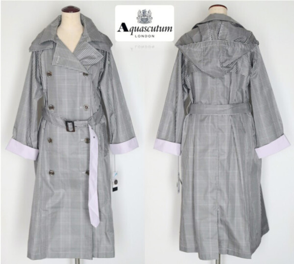 新品タグ付き【Aquascutum LONDON アクアスキュータム】トレンチデザイン チェック柄 レインコート M-L フード脱着可 v6930