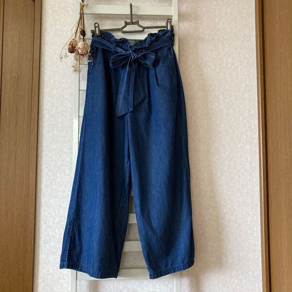 送料無料☆160サイズ 女児 薄手デニムワイドパンツ リボンベルト付き ウエストリボン ボトムス ネイビー