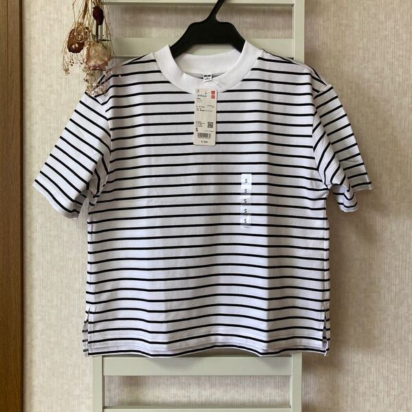 送料込☆UNIQLO ユニクロ 今季商品 新品未使用 エアリズム コットンT Sサイズ オフホワイト ボーダー Tシャツ 半袖