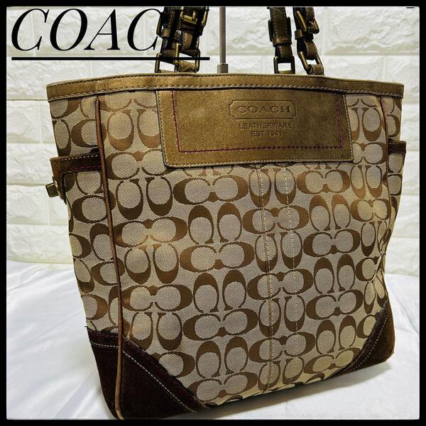 COACH コーチ シグネチャー トートバッグ レザー ブラウン 茶 ゴールド キャンバス 茶色 レザー ハンドバッグ 通勤 スエード