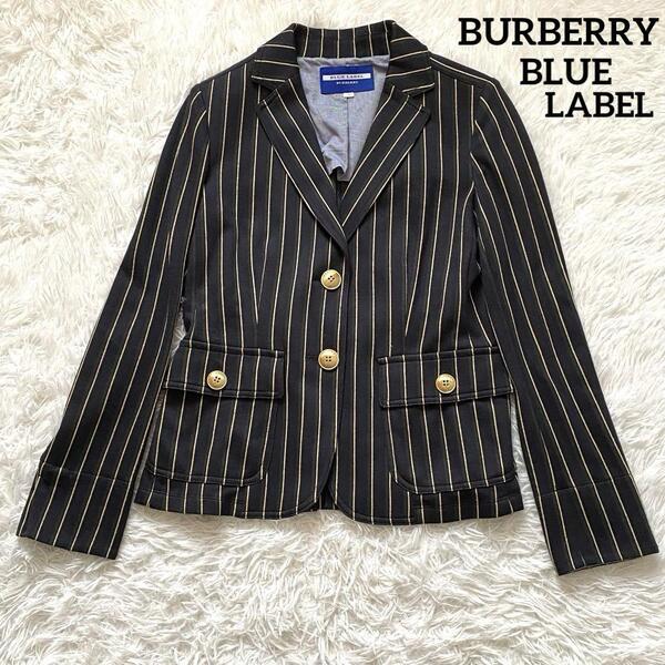 D79 美品 BURBERRY BLUE LABEL バーバリーブルーレーベル テーラードジャケット ネイビー ストライプ柄 グリーン系 38表記 金ボタン