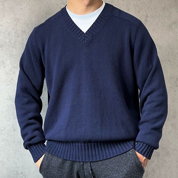 【BRUNELLO CUCINELLI】定価約80%OFF コットン100% Vネックニット ブルネロクチネリ ネイビー S M