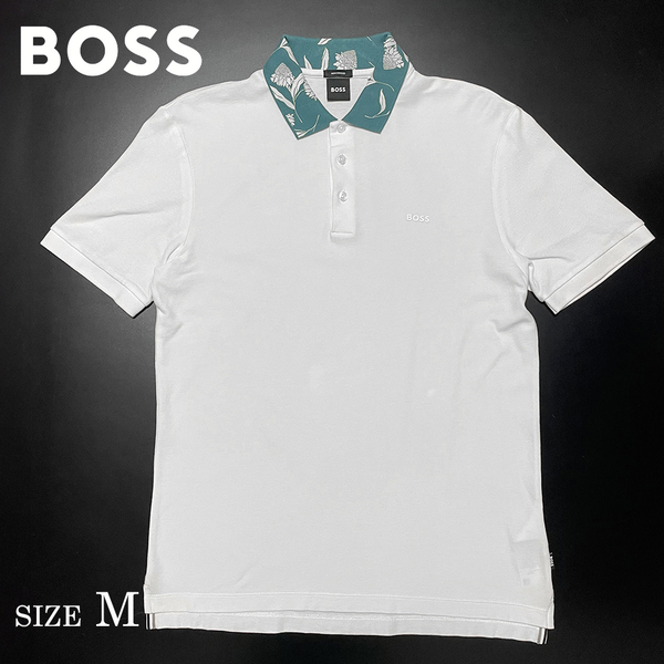 現行タグ 定価29,700円 ヒューゴボス【BOSS】襟ボタニカル柄切換え マーセライズドコットン鹿の子 ロゴ入り 半袖ポロシャツ M 大谷翔平