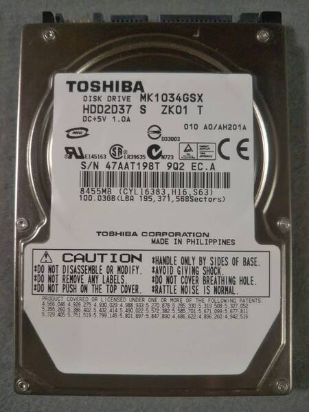100GB TOSHIBA MK1034GSX 5400回転 ATA150 2.5インチ 9.5mm SATA ②