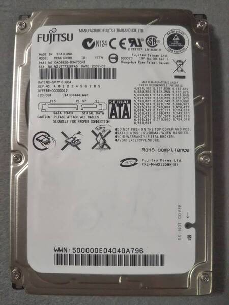 120GB FUJITSU MHW2120BH 5400回転 SATA150 2.5インチ 9.5mm SATA ②