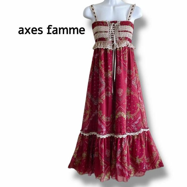 美品☆axes femme 花柄キャミワンピース リボン クラシック フラワー ロングキャミワンピース レース フリル ティアード