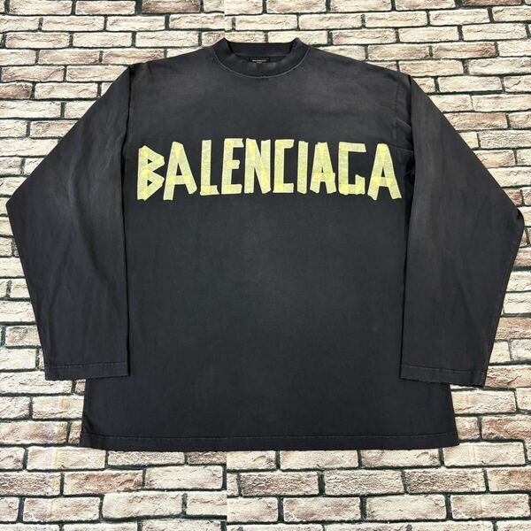 極美品★BALENCIAGA バレンシアガ★23SS 739783 TOVA9 TAPE TYPE ヴィンテージダメージ加工テープロゴカットソー ロングスリーブTシャツ