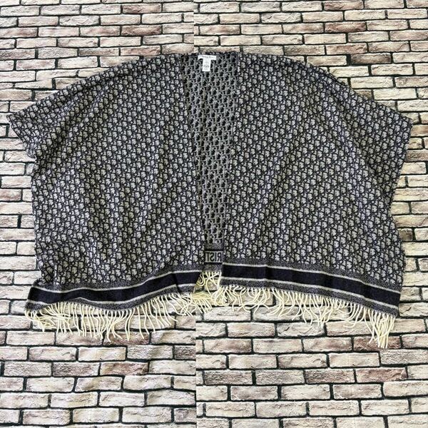 極美品★Christian Dior クリスチャンディオール★21DOB3701007 オブリークロゴ総柄フリンジカシミヤポンチョ ケープ