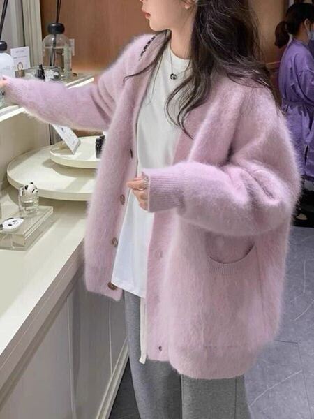 ◎新品 カーディガン ピンク ユニセックス 冬 ニット シャギーニット Vネック 韓国
