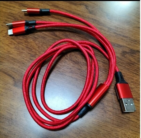3in1 充電ケーブル 急速充電 タイプc iphone ケーブル 約1.2m lightning ケーブル 耐久性 折れ防止 iPhone Android レッド 赤色 スマホ