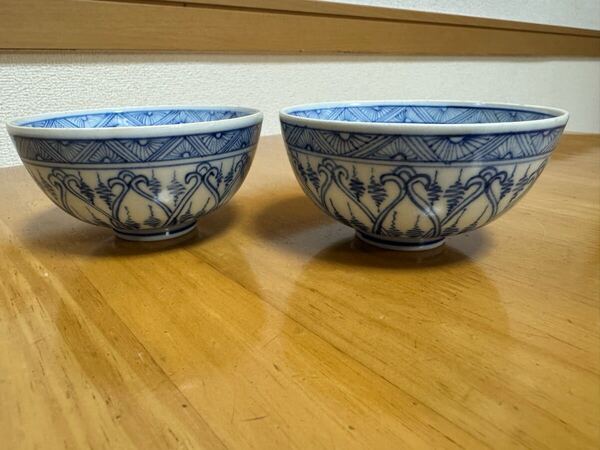 年代物 五良大甫 呉祥瑞造 祥瑞写 よろけ紋様線描き 染付 茶碗2客 陶器 和食器