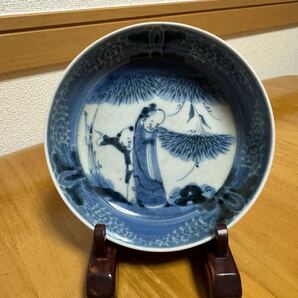 江戸中期 古伊万里 染付 人物蛸唐草紋様白抜き 深皿飾り皿インテリアアンティーク