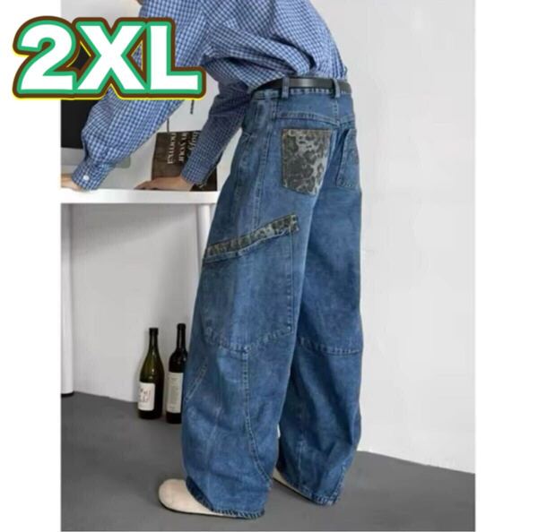 デニムパンツ ワイドパンツ ジーンズ 2XL メンズ ブルー サイドポケット オルチャン Y2K ストリートカジュアル B系ファッション