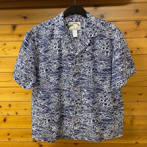 パラダイスファウンド PARADISE FOUND 洋柄 アロハシャツ ハワイアンシャツ 半袖 開襟 コットン100% ハワイ製 南国 ハイビスカス 風景柄 L