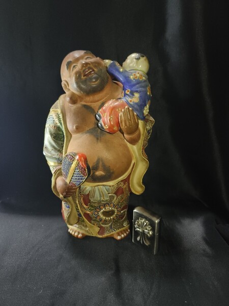 古九谷焼布袋様 子抱っこ布袋 子沢山縁起物 明治骨董 金彩 コレクター放出美品